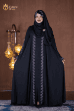 Looking for Abaya in BD? Discover an elegant black Dubai Cherry Abaya with detailed stone work, 250-inch flare and 90-inch long hijab. Shop online in Bangladesh.